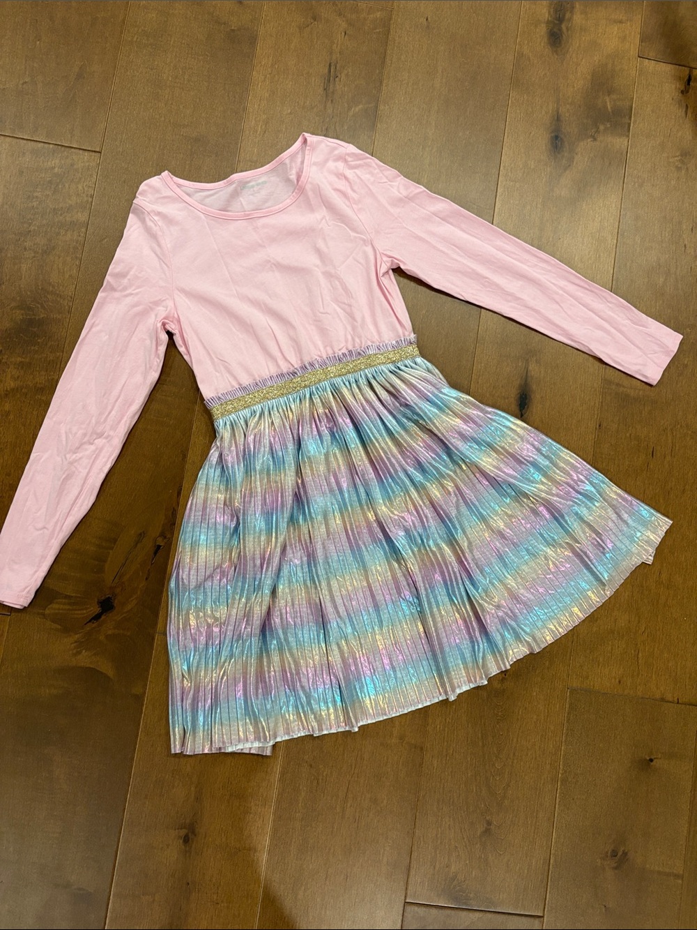 Lands' End Pink Long-Sleeve Dress with Iridescent Rainbow Pleated Skirt